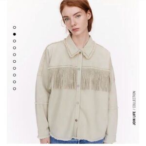 Zara Cream Fringe Oversized Jean Jacket